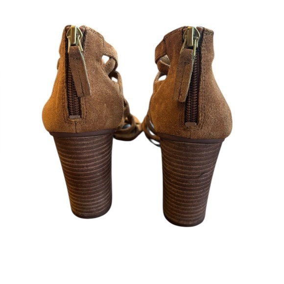 Franco Sarto Cognac Suede Tie Front Cut Out Wooden Block Heel Size 6.5 - Picture 4 of 8